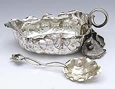 Shiebler antique sterling leaf bowl with applied bug and matching spoon with copper bug